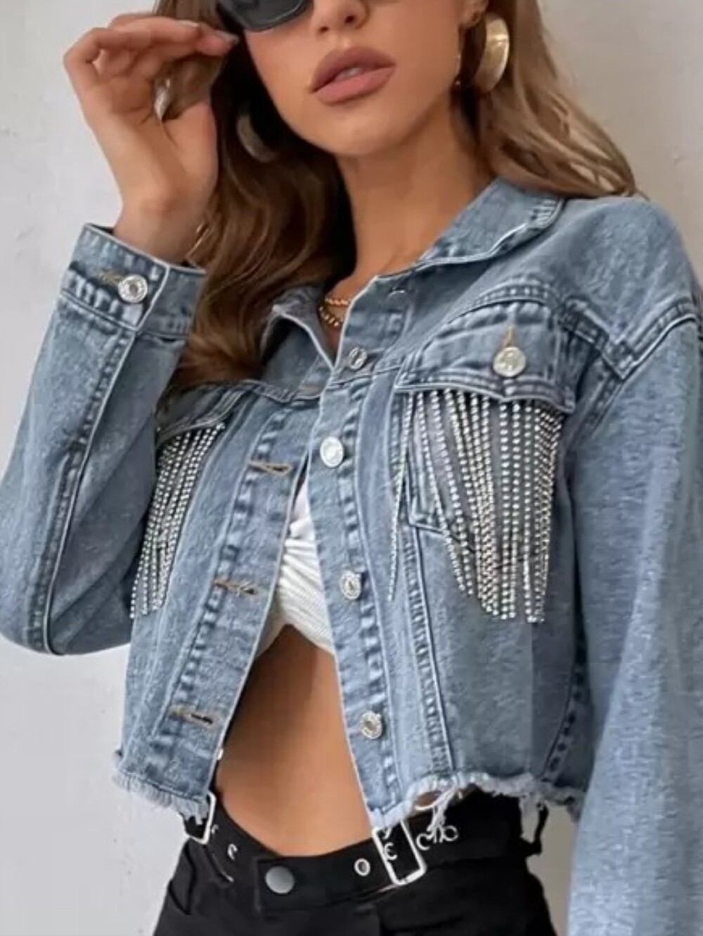 NWT Thrill Denim Rhinestone Pocket Cropped Jacket - Blue..Size:M